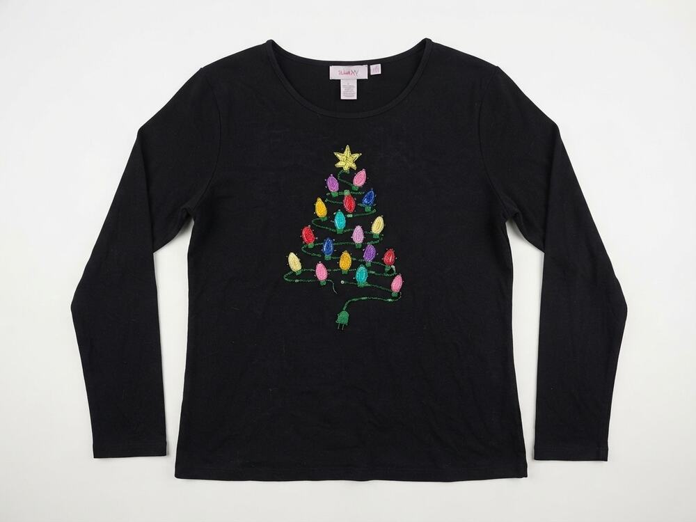 Quacker Factory 2X Black Christmas Light Tree Shirt Sweater Cotton Embroidered